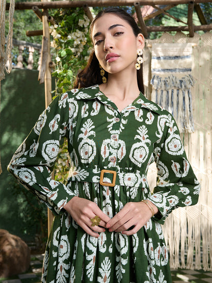 Green Ikat Printed Cotton Flared Dress