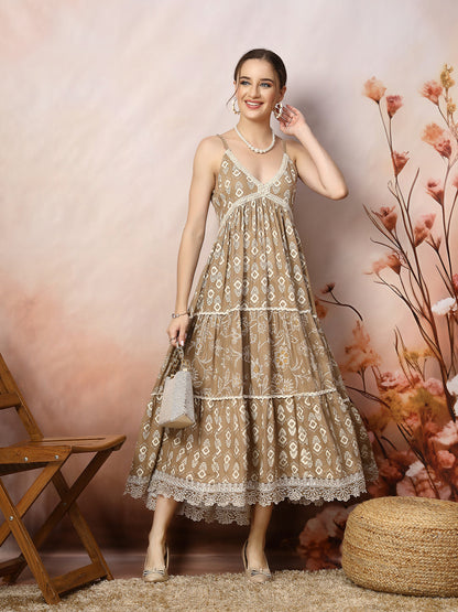 Beige Ikat Printed Rayon Tiered Dress (Pre-Order)