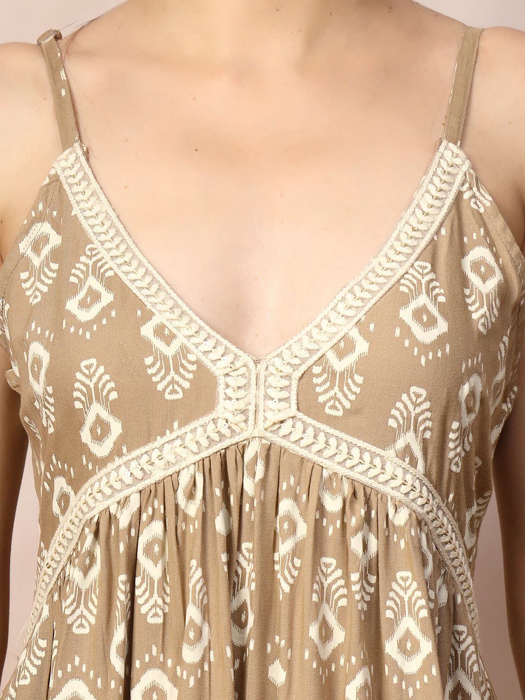 Beige Ikat Printed Rayon Tiered Dress (Pre-Order)