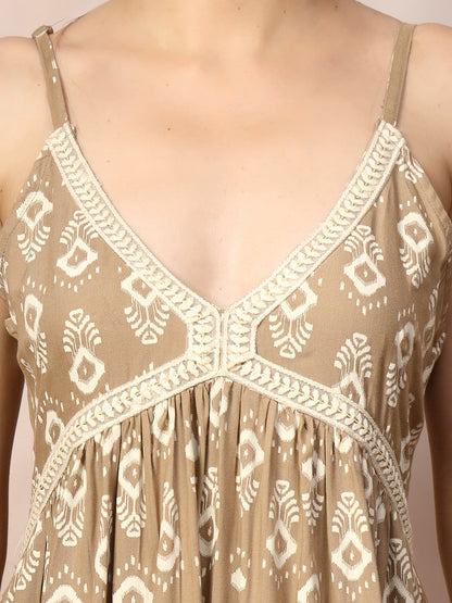 Beige Ikat Printed Rayon Tiered Dress (Pre-Order)