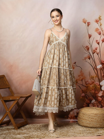Beige Ikat Printed Rayon Tiered Dress (Pre-Order)