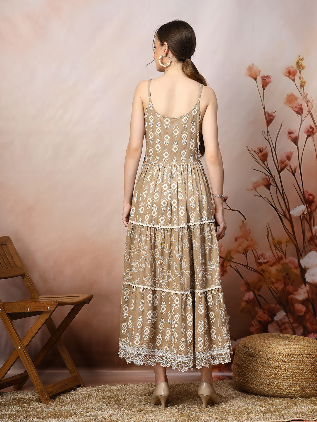 Beige Ikat Printed Rayon Tiered Dress (Pre-Order)