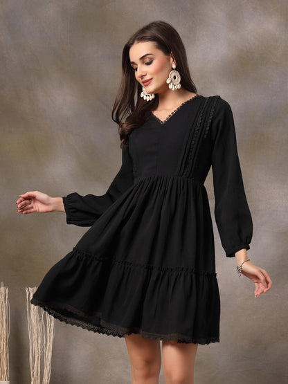 Black Solid Crepe Flared Dress