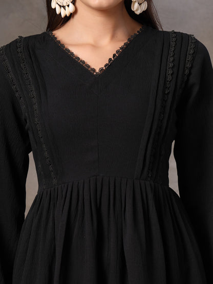 Black Solid Crepe Flared Dress