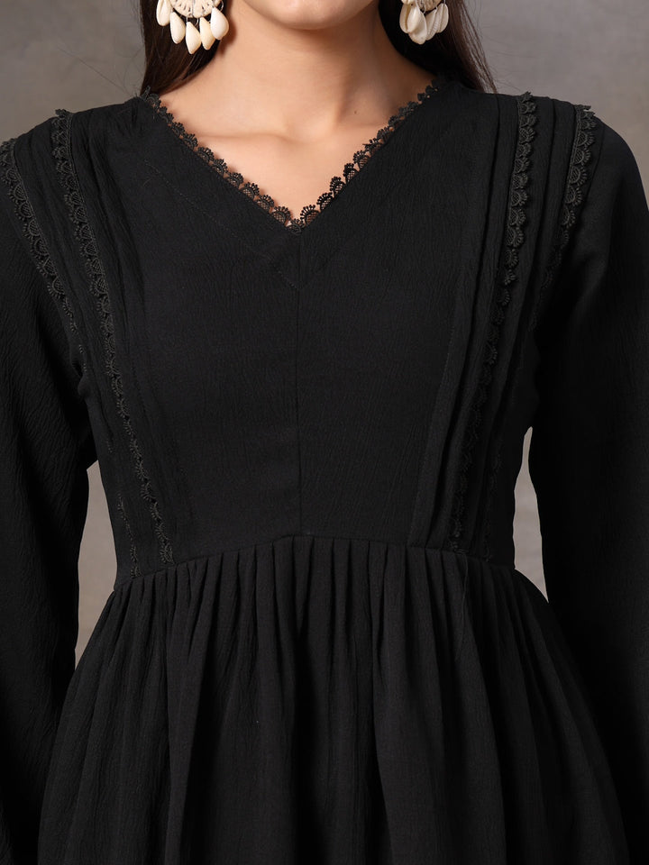 Black Solid Crepe Flared Dress