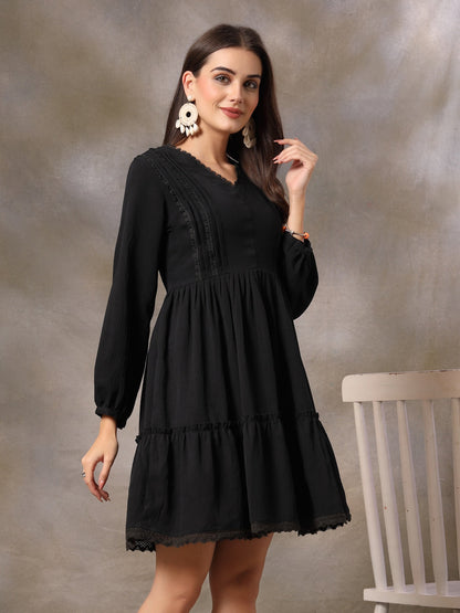 Black Solid Crepe Flared Dress