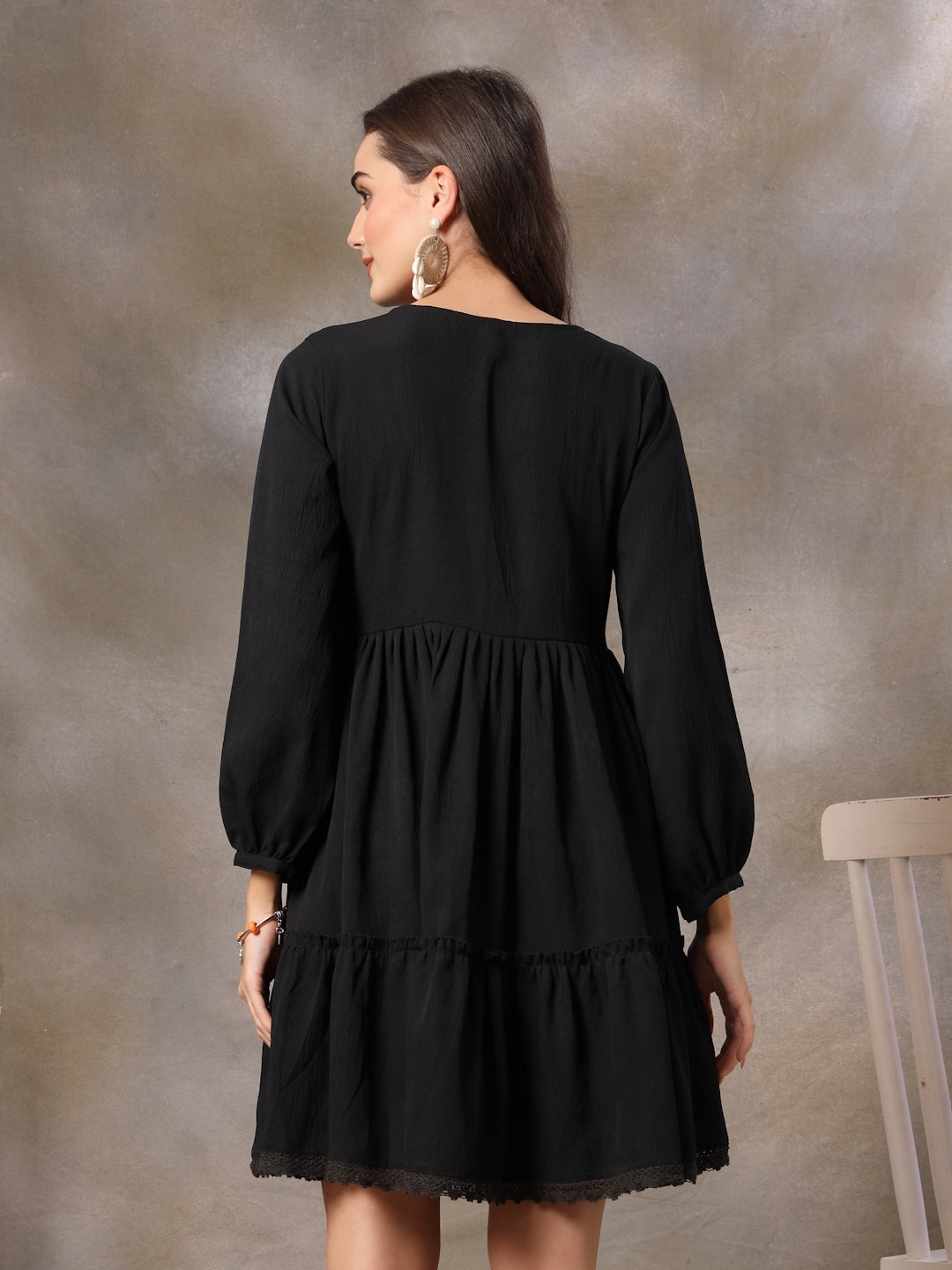Black Solid Crepe Flared Dress