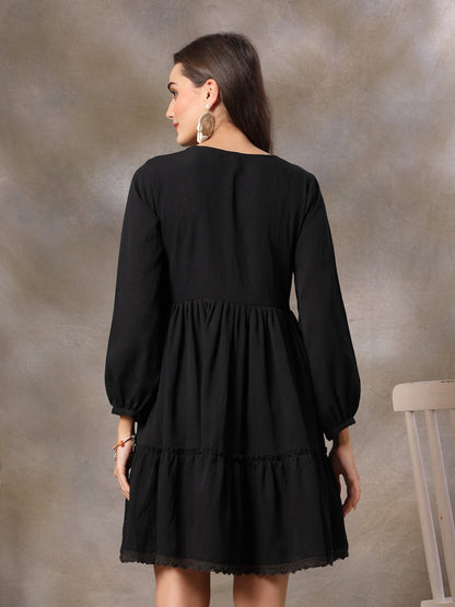 Black Solid Crepe Flared Dress
