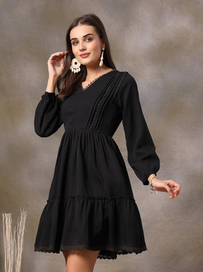 Black Solid Crepe Flared Dress