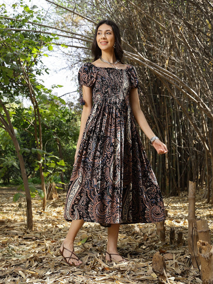 Black Paisley Printed Rayon Flared Dress