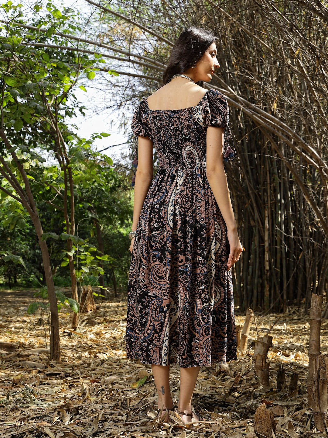 Black Paisley Printed Rayon Flared Dress