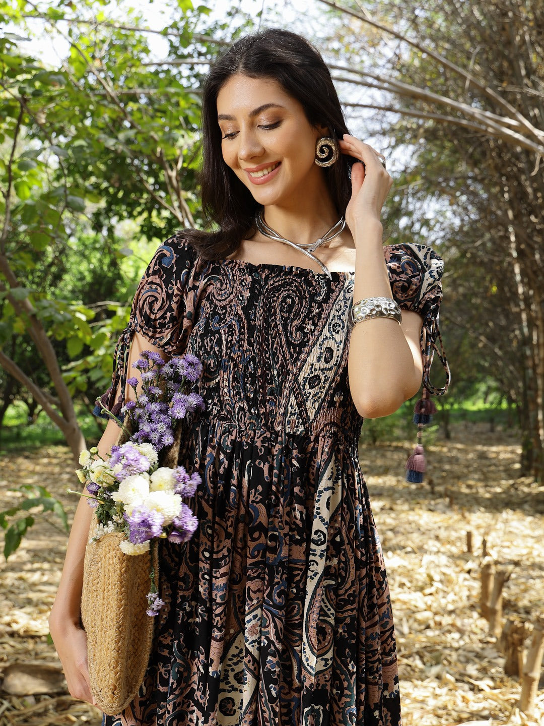 Black Paisley Printed Rayon Flared Dress