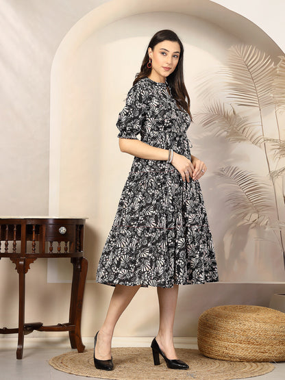 Black Floral Printed Polyester Tiered Dress