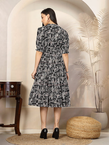 Black Floral Printed Polyester Tiered Dress