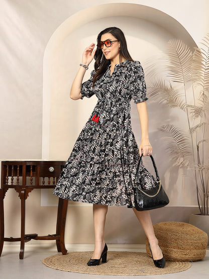 Black Floral Printed Polyester Tiered Dress