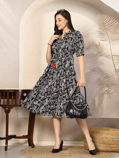 Black Floral Printed Polyester Tiered Dress (Pre-Order)