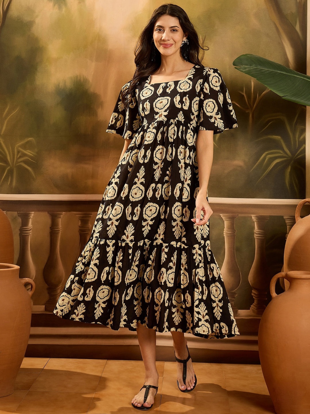 Black Paisley Printed Cotton Tiered Dress (Pre-Order)