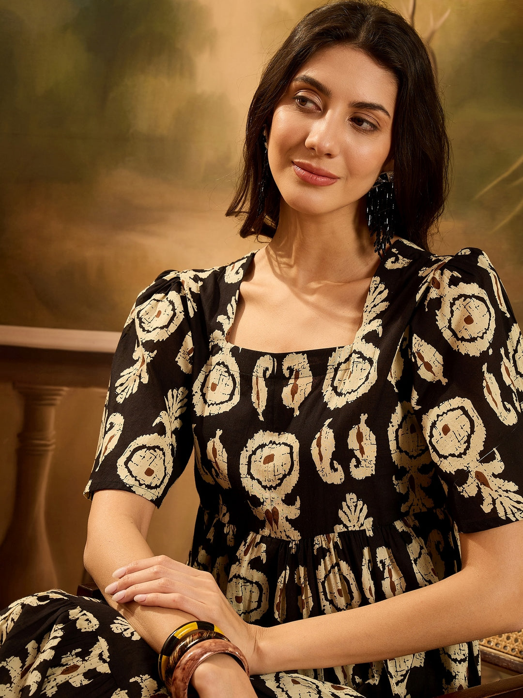 Black Paisley Printed Cotton Tiered Dress (Pre-Order)