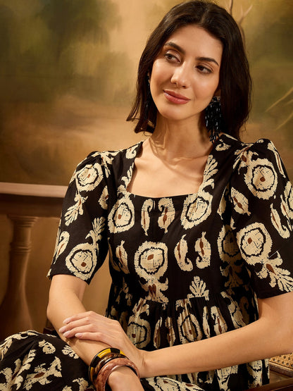 Black Paisley Printed Cotton Tiered Dress (Pre-Order)