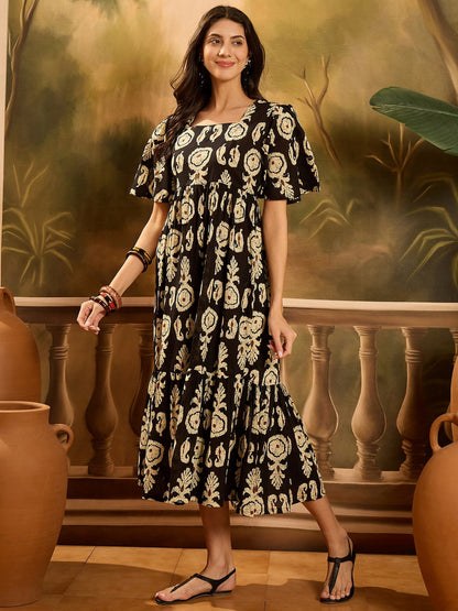 Black Paisley Printed Cotton Tiered Dress (Pre-Order)