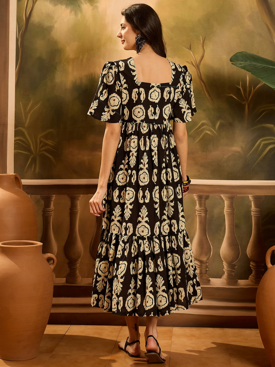 Black Paisley Printed Cotton Tiered Dress (Pre-Order)
