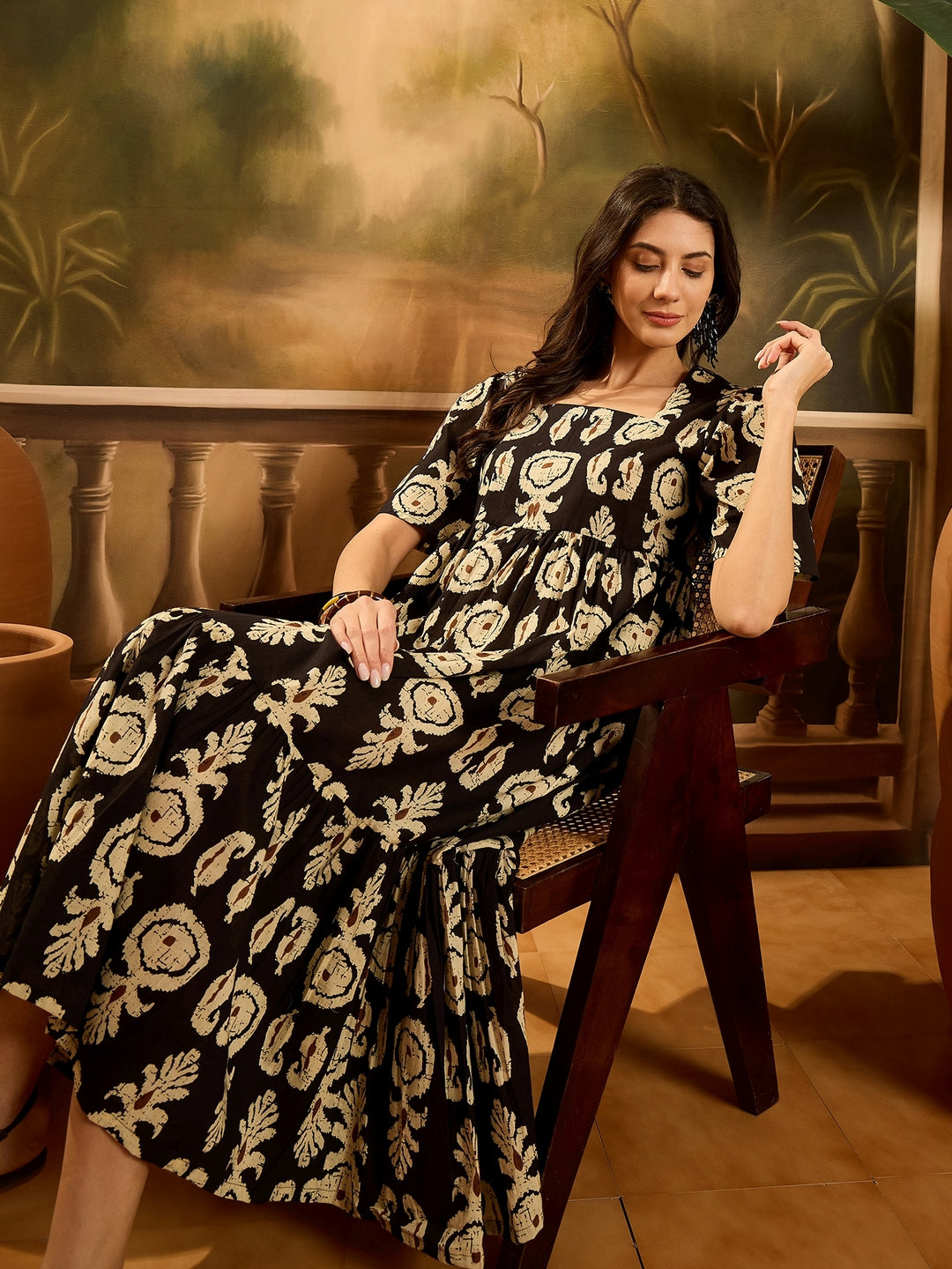 Black Paisley Printed Cotton Tiered Dress