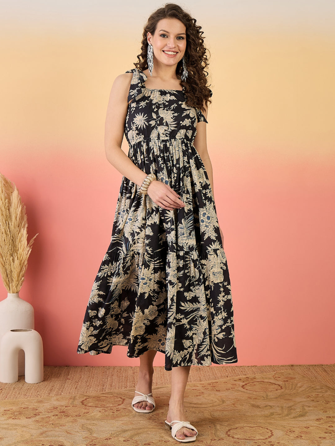 Floral Printed Cotton Tiered Dress