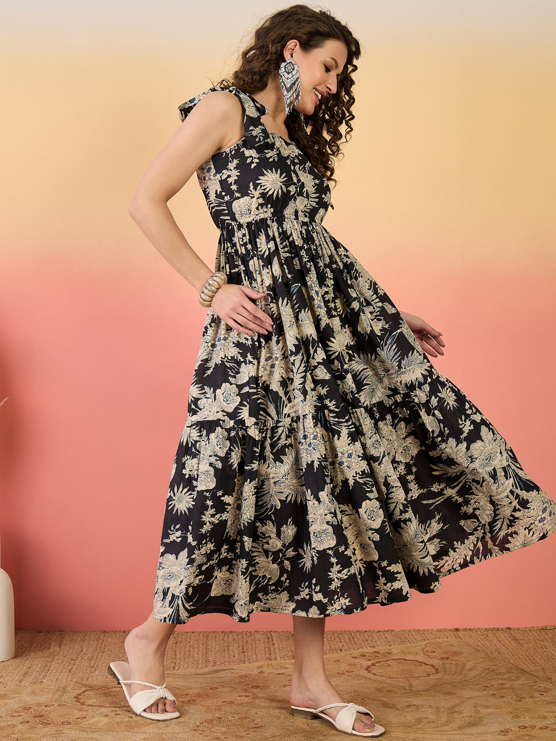 Floral Printed Cotton Tiered Dress