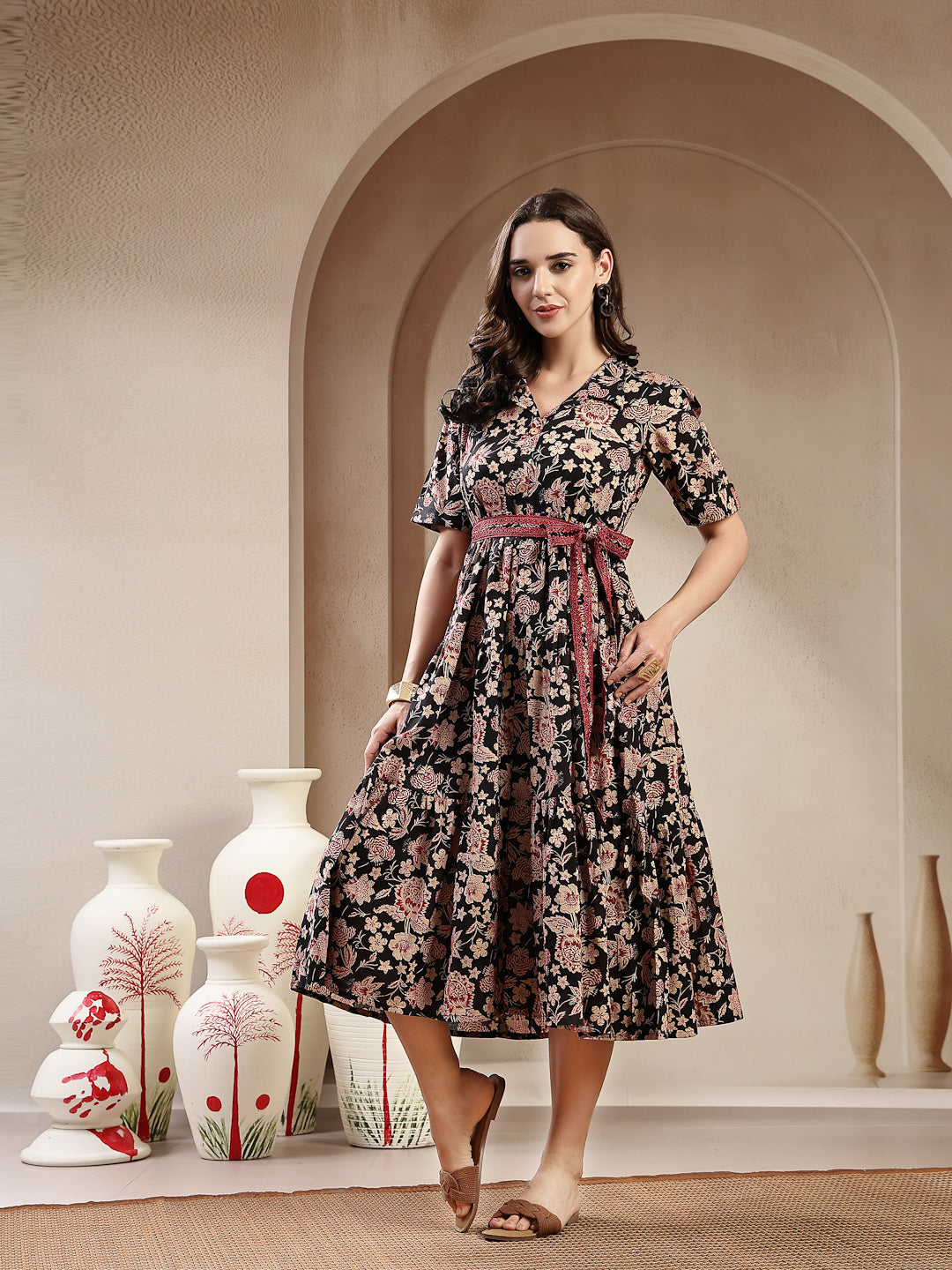Black Floral Printed Cotton Tiered Dress (Pre-Order)