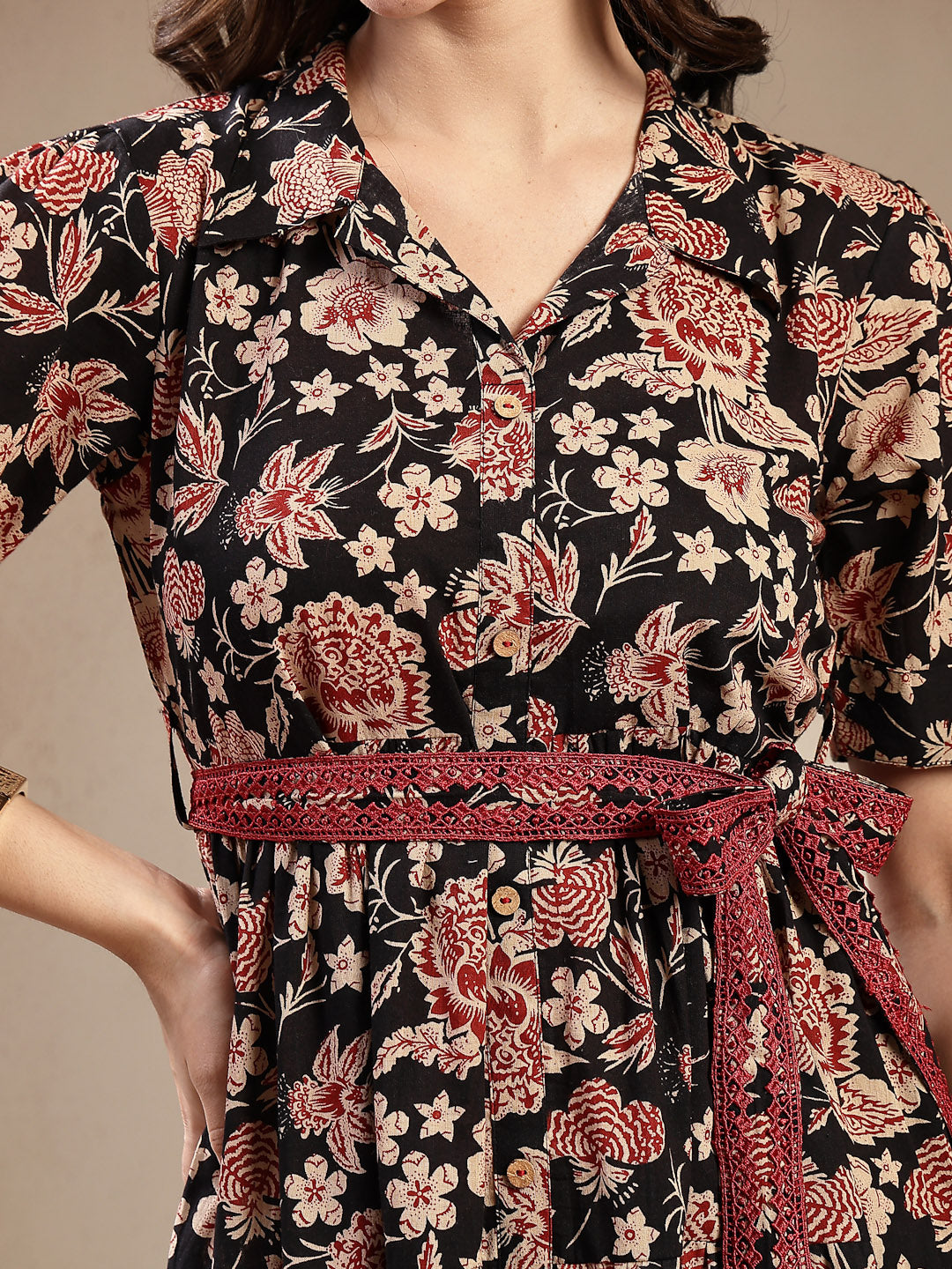Black Floral Printed Cotton Tiered Dress