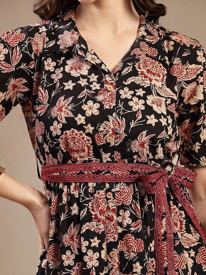 Black Floral Printed Cotton Tiered Dress (Pre-Order)