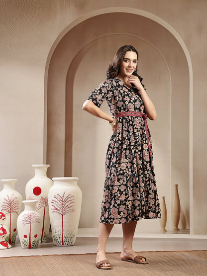 Black Floral Printed Cotton Tiered Dress (Pre-Order)