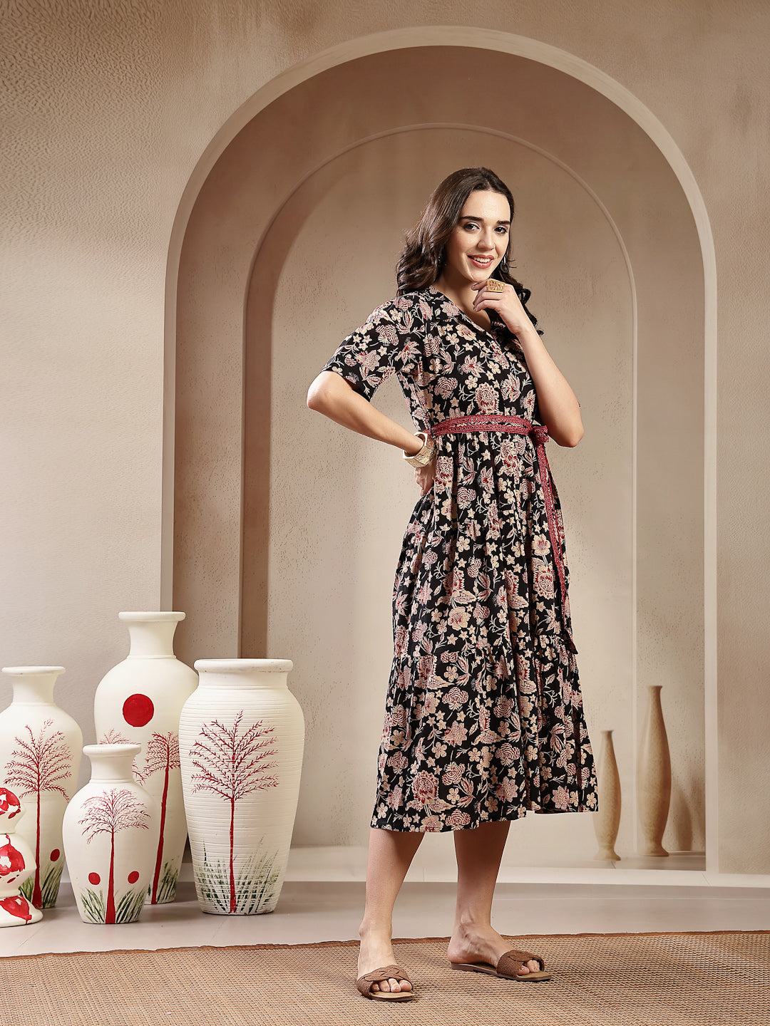 Black Floral Printed Cotton Tiered Dress