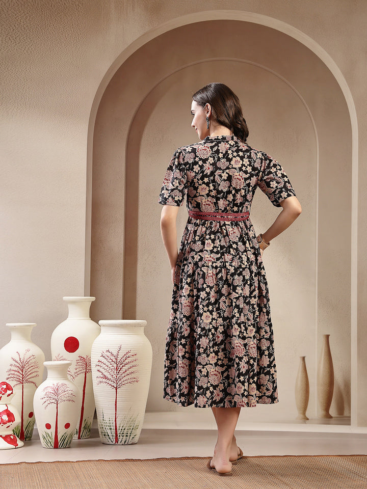 Black Floral Printed Cotton Tiered Dress