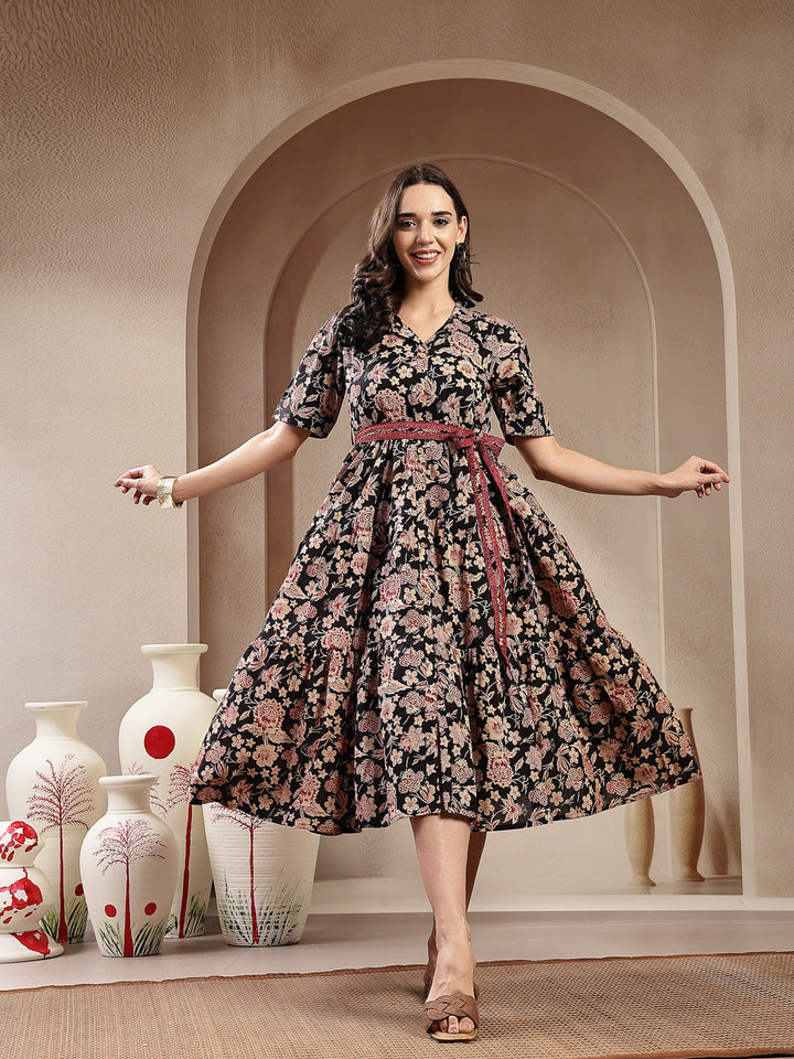 Black Floral Printed Cotton Tiered Dress
