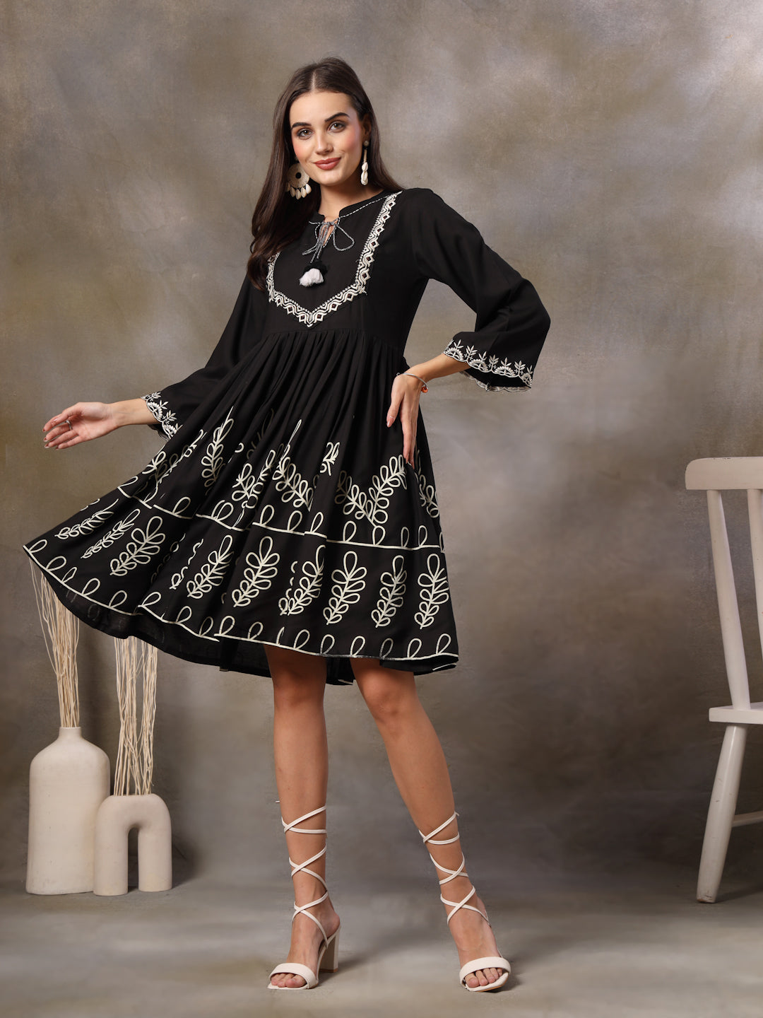 Black Botanical Printed Rayon Flared Dress