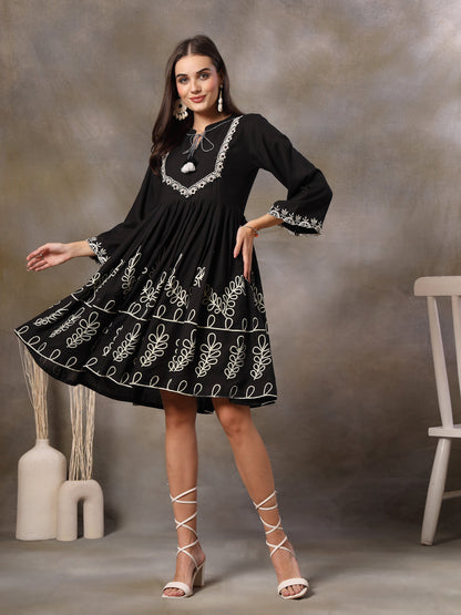 Black Botanical Printed Rayon Flared Dress