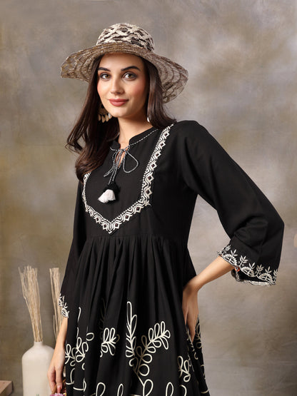 Black Botanical Printed Rayon Flared Dress