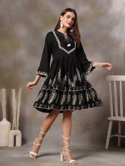Black Botanical Printed Rayon Flared Dress
