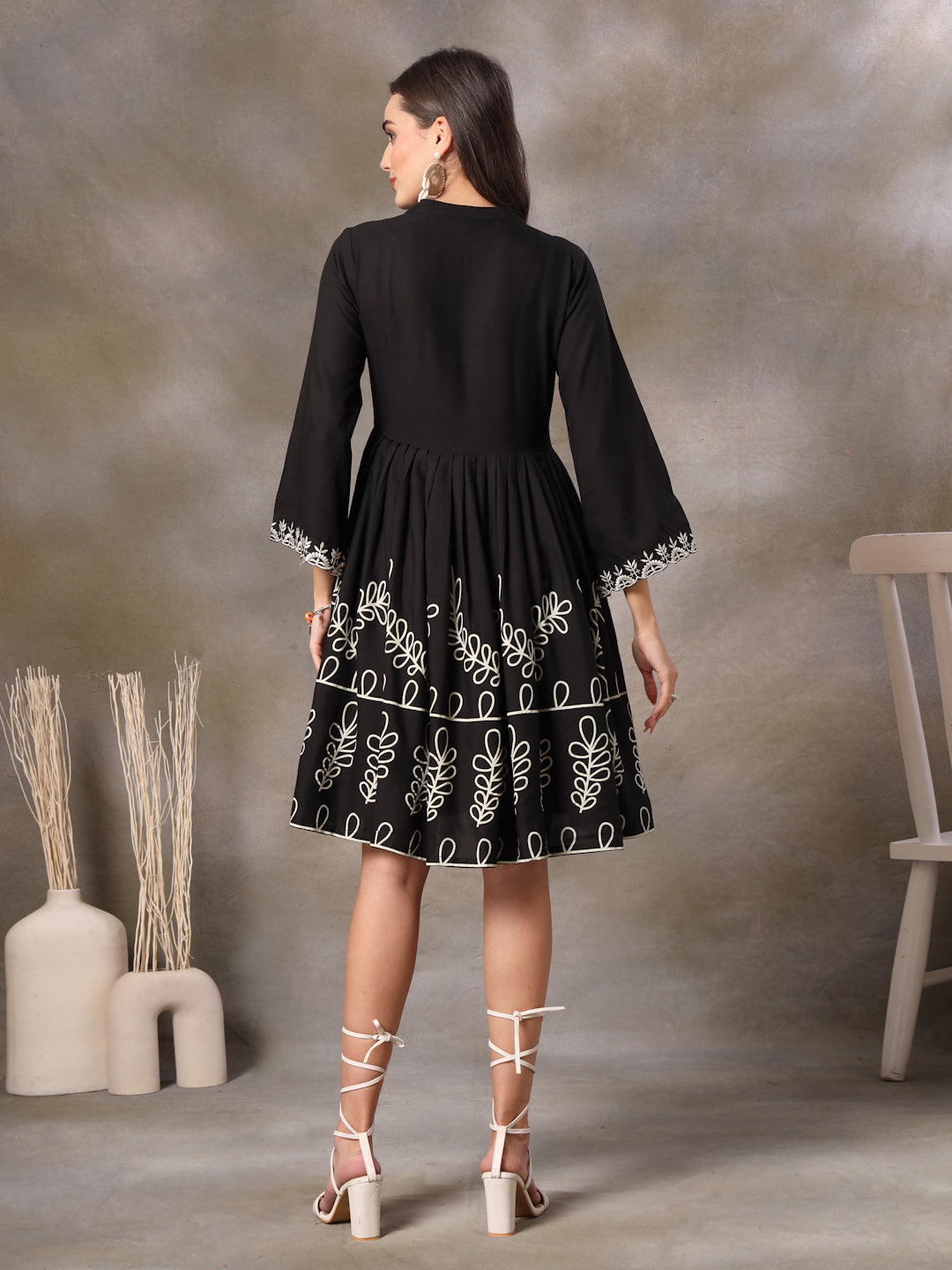 Black Botanical Printed Rayon Flared Dress