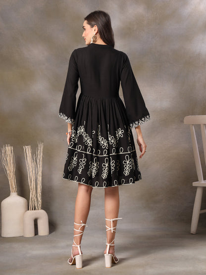 Black Botanical Printed Rayon Flared Dress