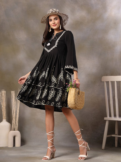 Black Botanical Printed Rayon Flared Dress