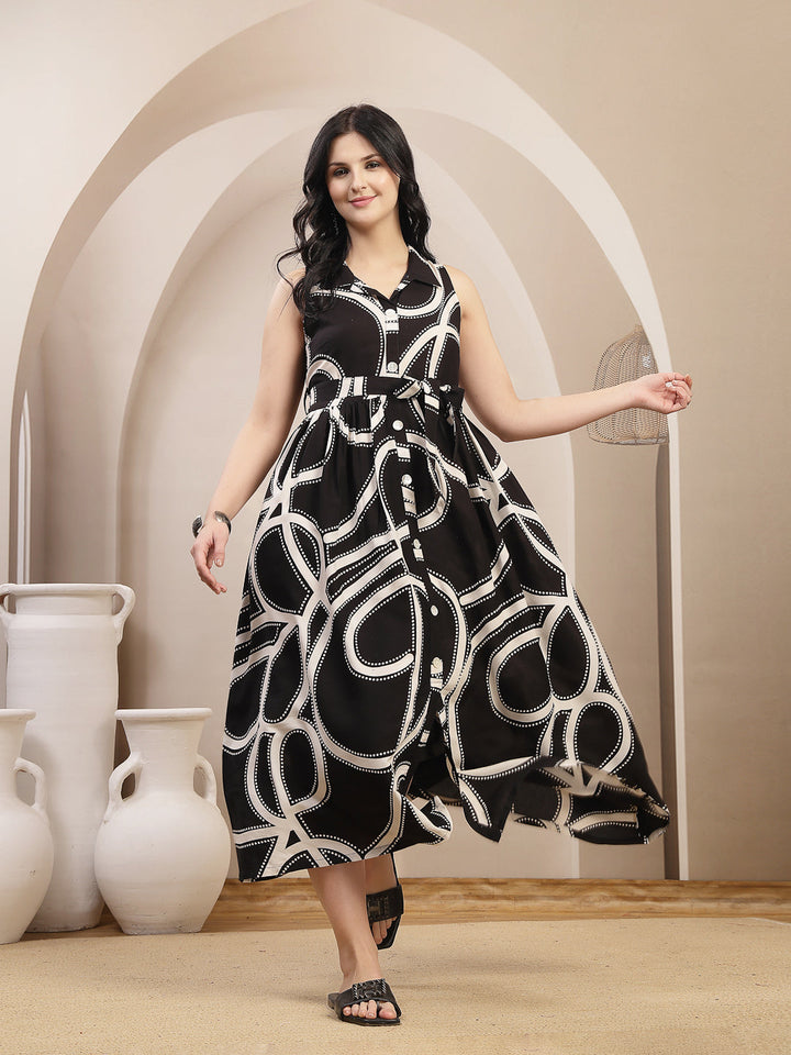 Abstract Printed Rayon Pleated Dress