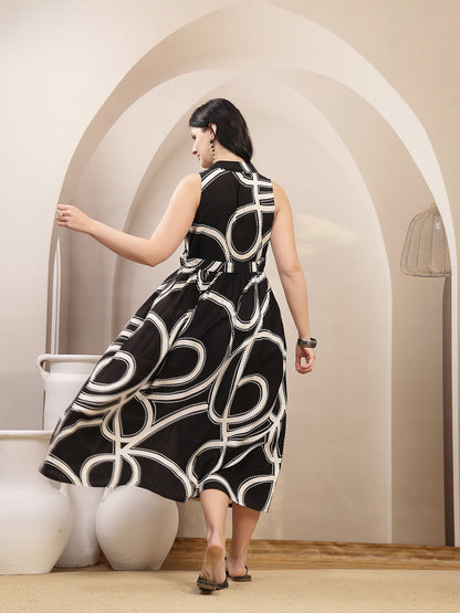 Abstract Printed Rayon Pleated Dress
