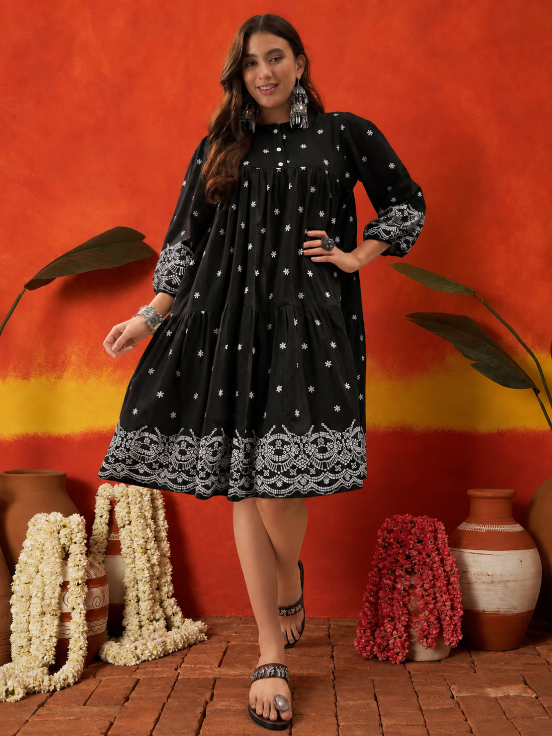 Solid &amp; Embroidered Cotton Empire Dress