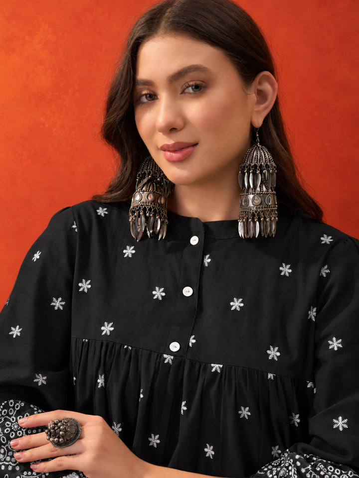 Solid &amp; Embroidered Cotton Empire Dress