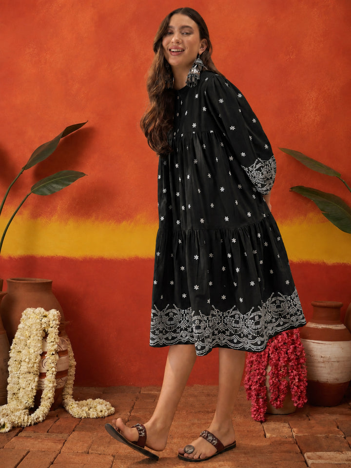 Solid &amp; Embroidered Cotton Empire Dress