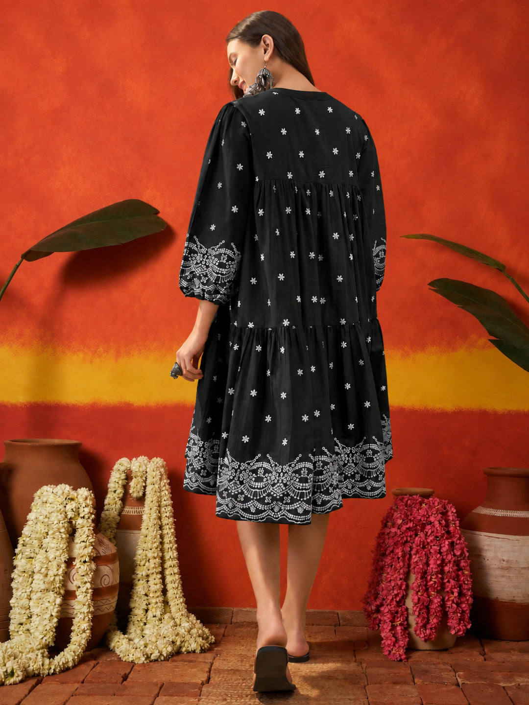 Solid &amp; Embroidered Cotton Empire Dress