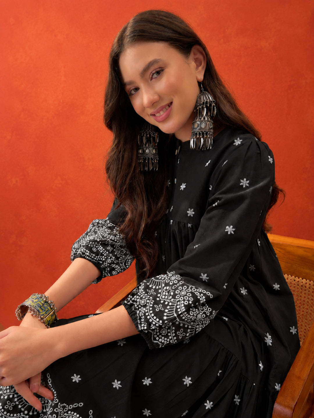 Solid &amp; Embroidered Cotton Empire Dress