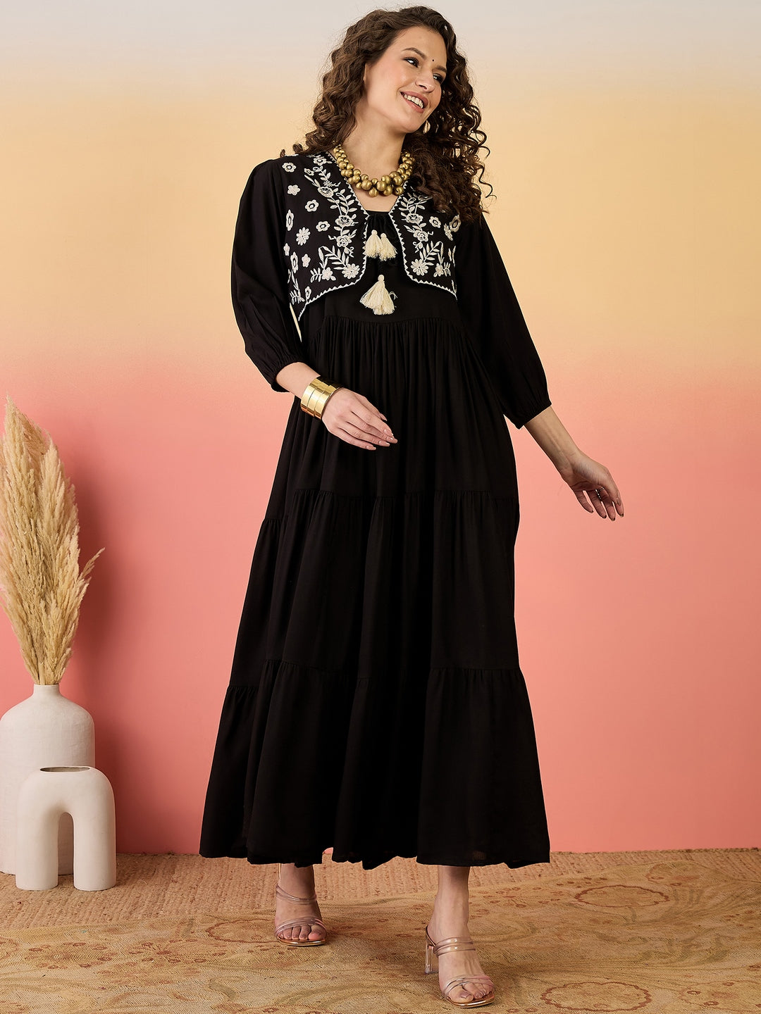 Black Solid & Embroidered Rayon Tiered Dress With Jacket